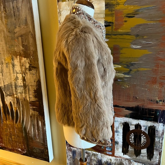 Sheri Bodell Cropped Rhinestone Rabbit Fur Jacket Coat sz M 3/4 Sleeves - Picture 6 of 10